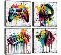 Toile murale graffiti à 4 panneaux - Impressions sur toile de peintures à thème manette de jeu Banksy, casque d'écoute - 40,6 x 40,6 cm
