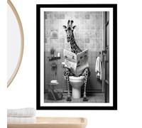 Toile murale humoristique avec girafe - Impression sur toile humoristique - Girafe lisant un journal sur des toilettes - Décoration d'intérieur originale - Décoration murale humoristique pour salle de