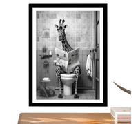 Toile murale humoristique girafe - Impression sur toile noire et blanche - Œuvre d'art amusante en train de lire un journal ou des toilettes - Décoration humoristique pour salle de bain, toilettes
