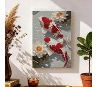 Toile murale - Impression sur toile de nénuphars rouges et blancs, poisson carpe, décoration d'intérieur printanière, salon, chambre à coucher, bureau, 20,3 x 30,5 cm