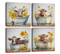 Toile murale - Impressions sur toile de peintures à motif de vache des Highlands, tournesol - Impressions sur toile de peintures à motif de vache rustique dans la baignoire - 30,5 x 30,5 cm - Œuvres