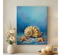 Toile murale - Impressions sur toile de peintures à thème coquillage bleu doré, étoile de mer - 40,6 x 50,8 cm - Décoration murale d'intérieur pour salon, chambre à coucher, salle de bain