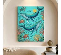 Toile murale - Impressions sur toile représentant la vie marine, baleine bleue et verte, tortue et créatures marines - Décoration nautique pour salon, chambre à coucher, salle de bain, maison de plage