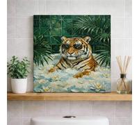 Toile murale imprimée tigre tropical, vert et marron, jungle d'été - Décoration d'intérieur esthétique pour salon, chambre à coucher, salle de bain, bureau - 30,5 x 30,5 cm