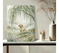 Toile murale inspirée de la nature, impression d'illustration de chien vert et beige, art mural rustique pour salon, chambre à coucher, bureau, toile enveloppée 40,6 x 50,8 cm