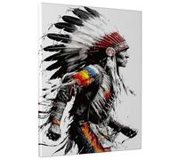 Toile murale inspirée de l'Amérique indienne, impression de chef à plumes rouges et noires, décoration d'intérieur culturelle pour salon, chambre à coucher, bureau, œuvre d'art sur toile de 40,6 x