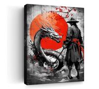Toile murale japonaise samouraï et dragon avec fond soleil rouge - Impression guerrier noir et blanc - Œuvre d'art moderne pour la maison et le bureau - 30,5 x 40,6 cm