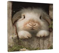 Toile murale mignonne avec imprimé lapin blanc et marron, décoration florale printanière pour salon, chambre à coucher, cuisine, design esthétique de la maison, 30,5 x 30,5 cm