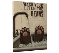 Toile murale mignonne avec motif de patte d'ours « Wash Your Little Beans » - Impression d'animaux marron et noir - Décoration de salle de bain amusante pour la maison, le salon, la chambre à coucher