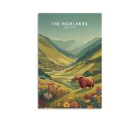 Toile murale minimaliste The Highlands Travel Scotland - Affiche d'œuvre d'art pour salon, chambre à coucher, salle de bain, bureau, décoration d'intérieur - 30 x 45 cm