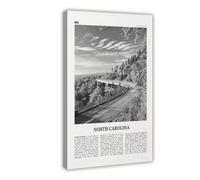 Toile murale moderne avec carte de la Caroline du Nord et route noire et blanche, paysage de voyage, décoration murale moderne pour salon, chambre à coucher (30 x 45 cm)