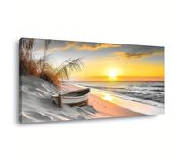 Toile murale moderne encadrée représentant un coucher de soleil sur la plage,un bateau,une peinture abstraite avec palmiers et vagues tranquilles,décoration 30 x 60 cm (12 x 24 pouces) avec cadre