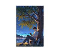Toile murale moderne pour décoration murale familiale - Poster garçon lisant sous un arbre, ciel nocturne, tranquillité - 30 x 45 cm - Style sans cadre