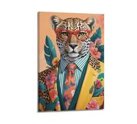 Toile murale moderne pour famille - Poster animal léopard avec rouge - Lunettes encadrées interprétant l'art à la mode - Peinture décorative 20 x 30 cm - Style cadre