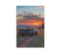 Toile murale moderne pour famille - Poster de plantes - Vieux camion à la campagne - Coucher de soleil - Voyage caché d'histoires temporelles - 60 x 90 cm - Style sans cadre