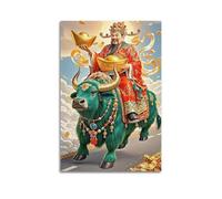 Toile murale moderne pour famille - Poster traditionnel Dieu de la richesse sur le bœuf prospère - Transmettre une signification de bon augure - 60 x 90 cm - Style sans cadre