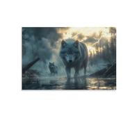 Toile murale moderne tendue avec loup et forêt - Décoration murale pour salon, chambre à coucher - 30 x 45 cm