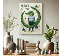 Toile murale motif alligator cool - Impressions géométriques vertes et beiges - Décoration murale amusante pour salon, chambre à coucher, bureau, 30,5 x 40,6 cm
