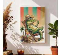 Toile murale motif alligator tropical, vert et beige, décoration d'été amusante pour salon, chambre à coucher, bureau, espace de relaxation 20,3 x 30,5 cm