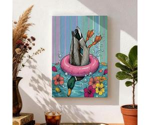 Toile murale motif canard d'été, flotteur de piscine coloré et fleurs tropicales, décoration abstraite amusante pour salon, chambre, salle de bain, bureau 20,3 x 30,5 cm