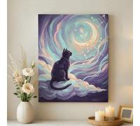 Toile murale motif chat mystique - Impressions abstraites au clair de lune noir et violet - Décoration d'intérieur rêveuse pour salon, chambre à coucher, couloir, 40,6 x 50,8 cm