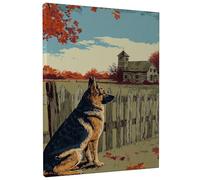 Toile murale motif chien d'automne - Impression de berger allemand orange bleu - Décoration vintage pour salon, chambre à coucher, bureau, amoureux des animaux - 40,6 x 50,8 cm