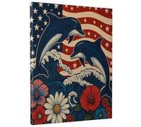 Toile murale motif dauphin patriotique, étoiles et rayures rouges bleues et océan, illustration de vagues de drapeau américain pour salon, chambre à coucher, célébration des vacances 25,4 x 30,5 cm