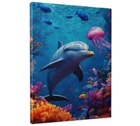 Toile murale motif dauphin sous-marin - Méduse de mer bleue - Œuvre d'art esthétique pour salon, chambre à coucher, salle de bain, sans cadre - 20,3 x 30,5 cm