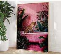 Toile murale motif léopard rose - Impressions botaniques tropicales - Impressions d'animaux de la jungle - Affiches amusantes pour décoration murale de salle de bain, toilettes, salle de bain