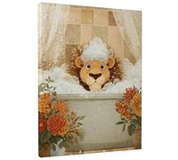 Toile murale motif lion mignon, imprimé floral marron et orange, décoration de salle de bain fantaisiste pour salon, chambre à coucher, chambre d'enfant, 20,3 x 25,4 cm
