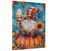 Toile murale motif nain d'automne, bleu avec citrouille à carreaux oranges, décoration saisonnière d'automne pour salon, chambre à coucher, cuisine, sans cadre, 40,6 x 50,8 cm