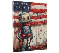 Toile murale motif robot patriotique, étoiles rouges et bleues, impression contemporaine, 4 juillet, décoration murale pour salon, chambre à coucher, bureau, toile enveloppée 30,5 x 40,6 cm