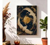 Toile murale orientale grue et lune japonaise 20,3 x 30,5 cm