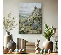 Toile murale paysage printanier, impression de cottage vert et beige, style vintage pour décoration d'intérieur, salon, chambre à coucher, couloir, 30,5 x 40,6 cm