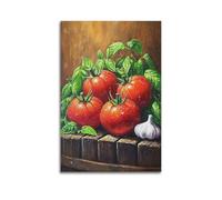 Toile murale riche en tomates et basilic - Impression luxuriante - Poster végétarien - Décoration fraîche pour salon, cuisine - Décoration murale artistique moderne à suspendre - 50 x 75 cm