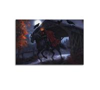 Toile murale sans tête de cavalier, citrouille sur pont noir traversant un cheval noir, pleine lune effrayante, décoration d'automne pour Halloween, 40 x 60 cm