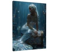 Toile murale sirène sous-marine 40,6 x 50,8 cm - Œuvre d'art fantaisie bleu argenté pour salon, chambre à coucher, salle de bain, dortoir