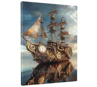 Toile murale steampunk motif bateau à voile, marron métallisé, décoration nautique, esthétique maritime vintage pour salon, chambre à coucher, bureau, sans cadre, 40,6 x 50,8 cm