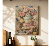 Toile murale style shabby chic, style shabby chic, vintage, fleurs, papillons, pêche pastel, affiches d'œuvres d'art à suspendre pour cuisine, salon, appartement, salle à manger 40,6 x 50,8 cm
