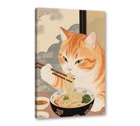 Toile murale vintage amusante avec chat japonais mangeant des ramen - Image unique pour les amoureux des chats - Décoration murale pour cuisine et salle à manger (SKU4, 28 x 35 cm), encadrée