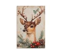 Toile murale vintage avec impression sur toile de peintures à thème cerf de Noël, branche d'arbre de Noël, pomme de pin, sapin de Noël, salon, chambre à coucher, salle de bain, bureau - 30 x 45 cm