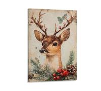 Toile murale vintage avec impression sur toile de peintures à thème cerf de Noël, branche d'arbre de Noël, pomme de pin, sapin de Noël, salon, chambre à coucher, salle de bain, bureau - 30 x 45 cm