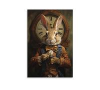 Toile murale vintage avec lapin - Horloge murale rustique et abstraite pour chambre à coucher, décoration murale esthétique
