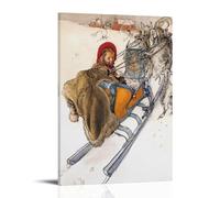 Toile murale vintage avec traîneau et enfant tirés par des chevaux dans un paysage enneigé de Carl Larsson - Affiche d'œuvres d'art moderne avec cadre 61 x 91,4 cm