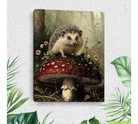 Toile murale vintage encadrée représentant un hérisson, peintures murales rétro encadrée avec champignons et animaux sauvages, décoration murale esthétique de ferme pour la salle de bain, la cuisine