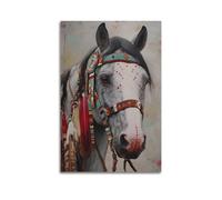 Toile murale vintage indienne avec coiffe de cheval et plumes pour salon, chambre à coucher, cuisine, bureau 60 x 90 cm