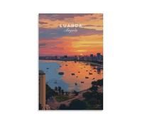 Toile murale vintage Luanda avec impression sur toile de peintures à thème paysage urbain, coucher de soleil Angola, front de mer - 30 x 45 cm