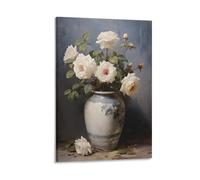 Toile murale vintage texturée avec fleurs rustiques, bouquet de roses blanches, vase - Affiche d'œuvre d'art pour décoration d'intérieur, salon, chambre à coucher, bureau - 20 x 30 cm