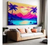 Toile Peinture 90x60cm sans Cadre Affiche Cartoon Palmier Mer Montagne oeuvre Mur Art Photo pour la Maison Salon Chambre Cuisine Peinture sur Toile Horizontal Tableau décor