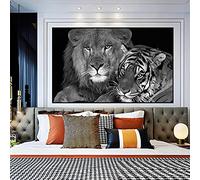 Toile Peinture Animaux Mur Art Noir et Blanc Lion Tigre Photos Affiches et Gravures Affiche Moderne Décor À La Maison 65x130 cm Cadre Interne